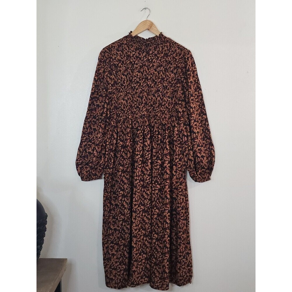 New Day Smocked Midi Dress Womens XL Brown Floral Long Sleeve Boho NWT - Picture 3 of 14